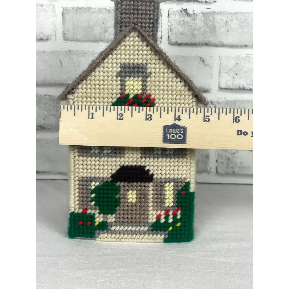 Vintage Needlepoint Tissue Box Cover House Cottage Plastic Canvas Handmade Craft